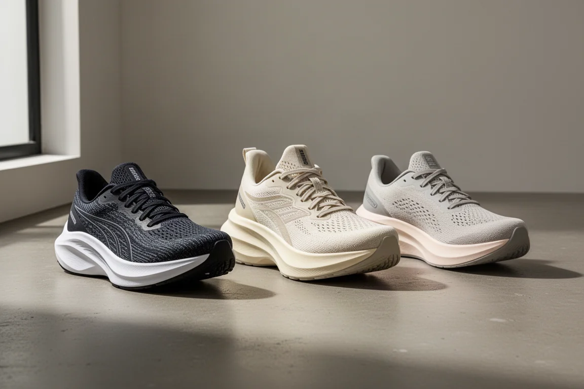 Three road running shoes lined up on a concrete surface