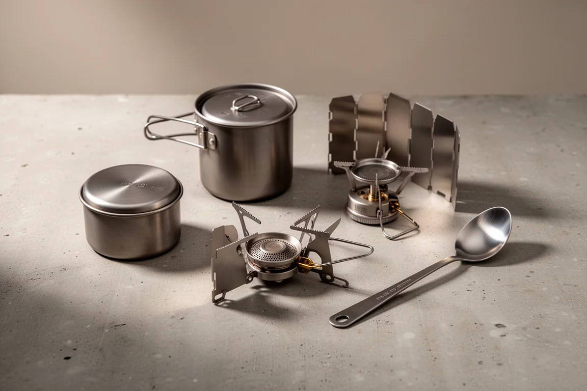 Four titanium backpacking cook components arranged on a matte concrete surface