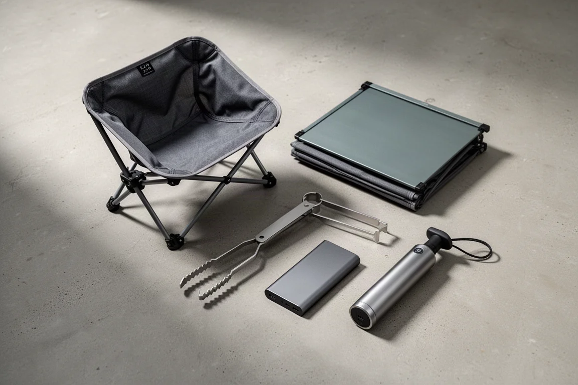 Ultralight backpacking gear arranged on concrete including a folding chair, table, pump, and power bank