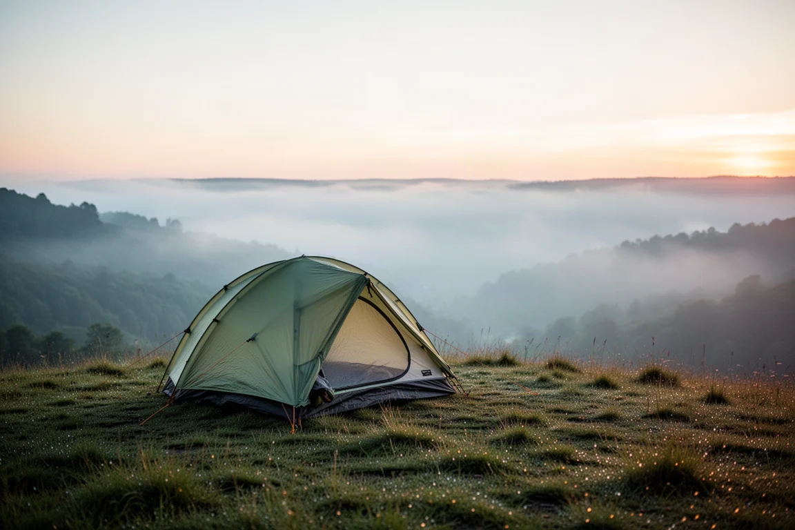 Ultralight-Zeltplatz im Morgengrauen mit einem kleinen Zelt auf einem grasbewachsenen Grat