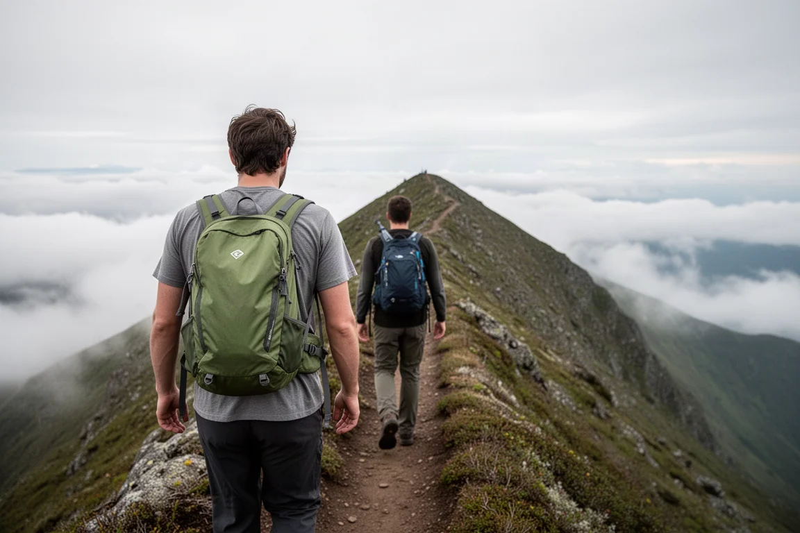 Wanderer auf einem Hochgratweg mit einem leichten rahmenlosen Rucksack