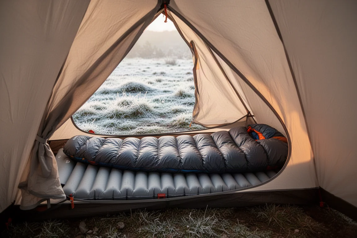 Zeltinneres bei erstem Licht mit ausgebreiteter Isomatte und Quilt