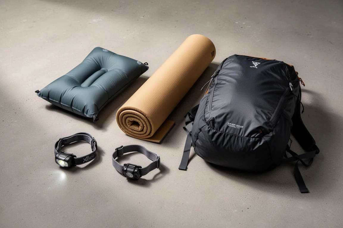 Flat-lay of ultralight backpacking gear with pillow, sleeping pad, headlamp, and pack