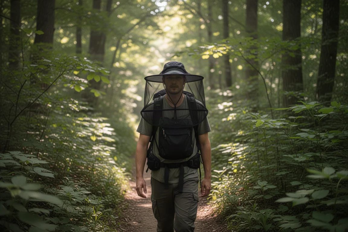 Leichter Rucksack lehnt im Morgengrauen an einem Granitblock neben einem Alpenweg