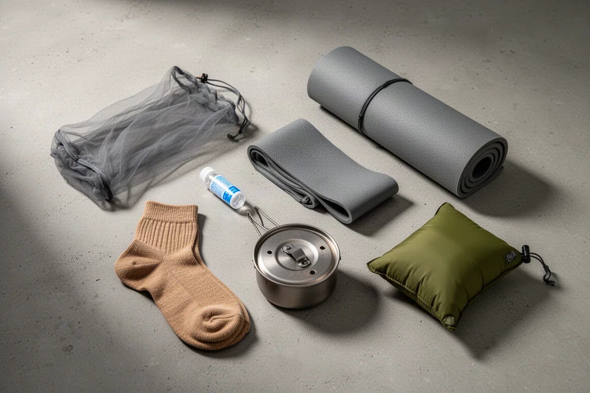 Ultralight backpacking essentials arranged on concrete, including a titanium pot, foam pad, socks and head net