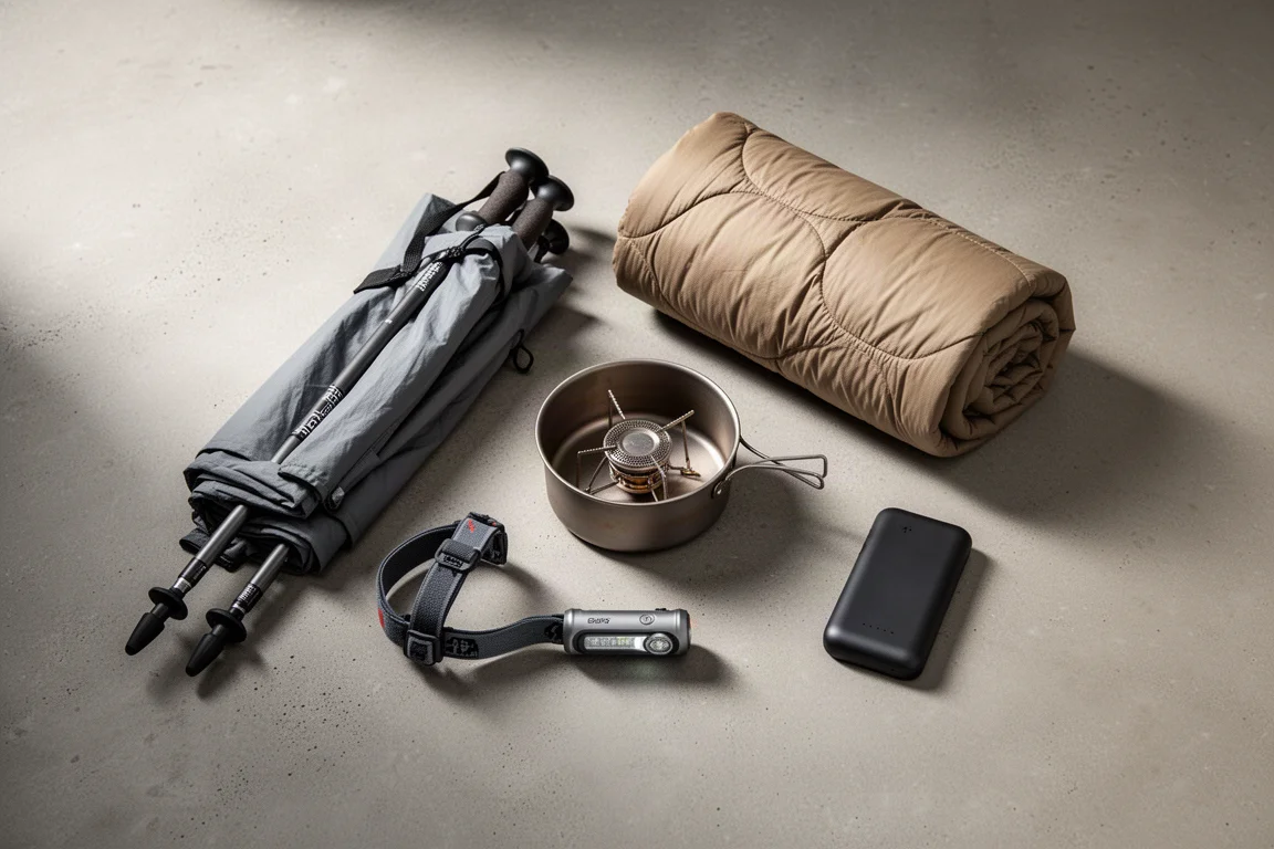 Flat-lay dall'alto di attrezzatura ultraleggera per il backpacking su una superficie in cemento opaco