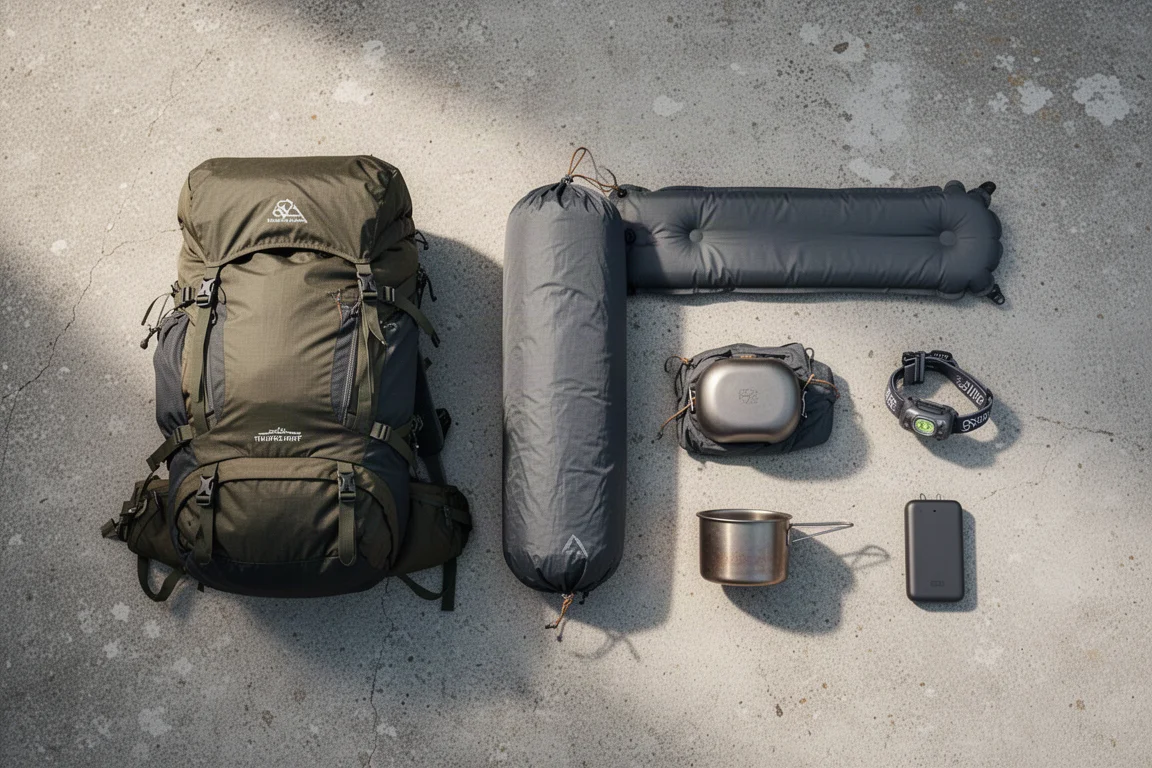 Overhead flat-lay of ultralight backpacking gear on a grey concrete surface