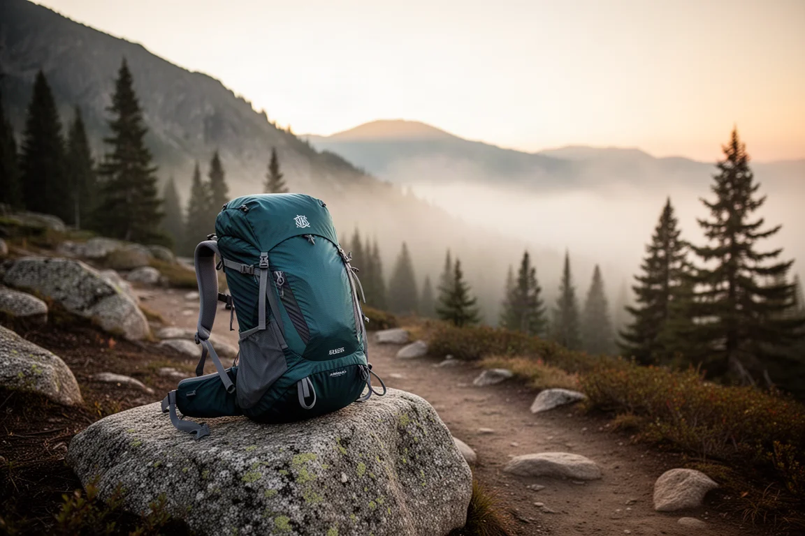Mochila ultralight de mochilão em uma trilha com paisagem montanhosa ao fundo