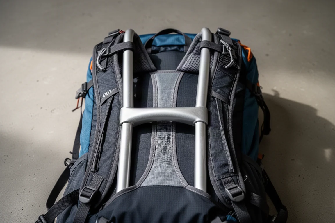 Detalhe das hastes da armação e da estrutura tubular da mochila