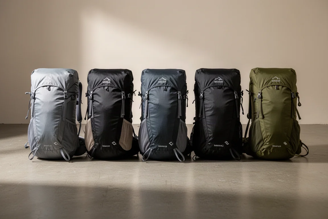 Sei zaini ultraleggeri da backpacking disposti in fila su un pavimento di cemento