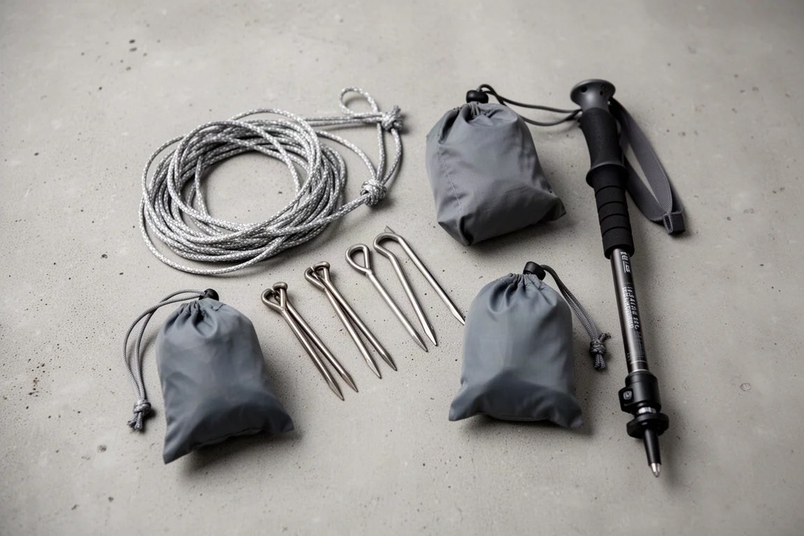 Draufsicht auf flach ausgelegte Ultralight-Trekkingausrüstung auf einer Betonfläche