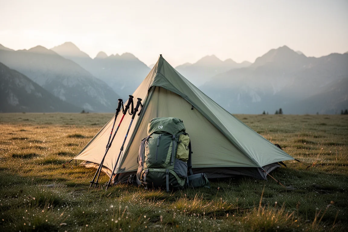 Beladener Rucksack und Trekkingstöcke an einem Zelt auf einer Bergwiese