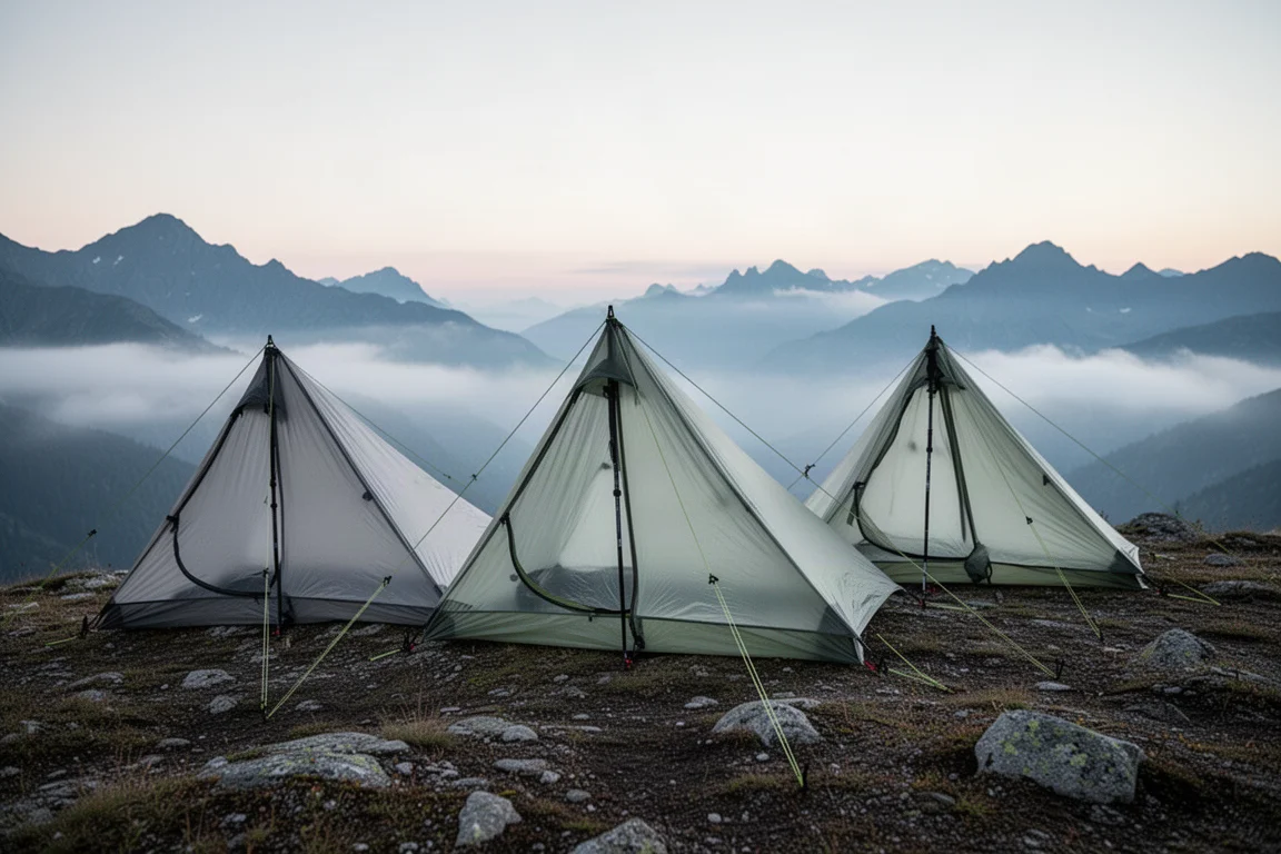 Three ultralight trekking-pole tents pitched on an alpine ridge at dawn