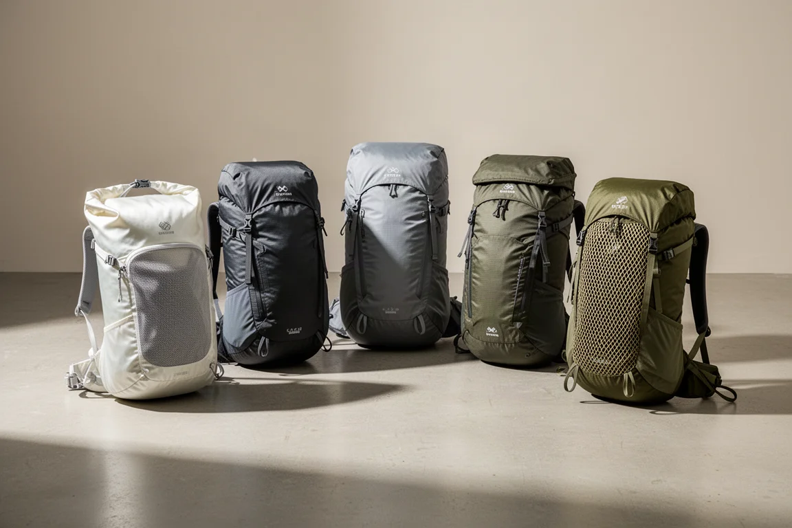 Three ultralight hiking backpacks arranged in a row on a matte concrete floor