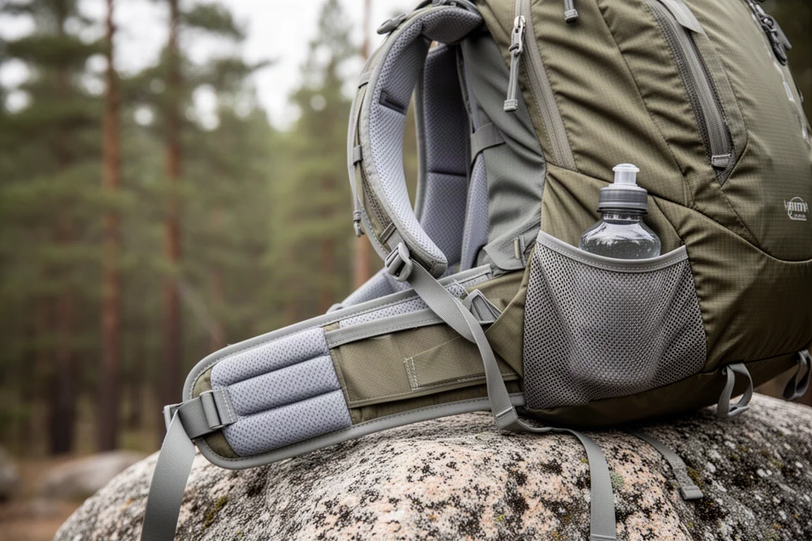 Bretelle rembourrée et ceinture ventrale d'un sac de randonnée posées sur du granite