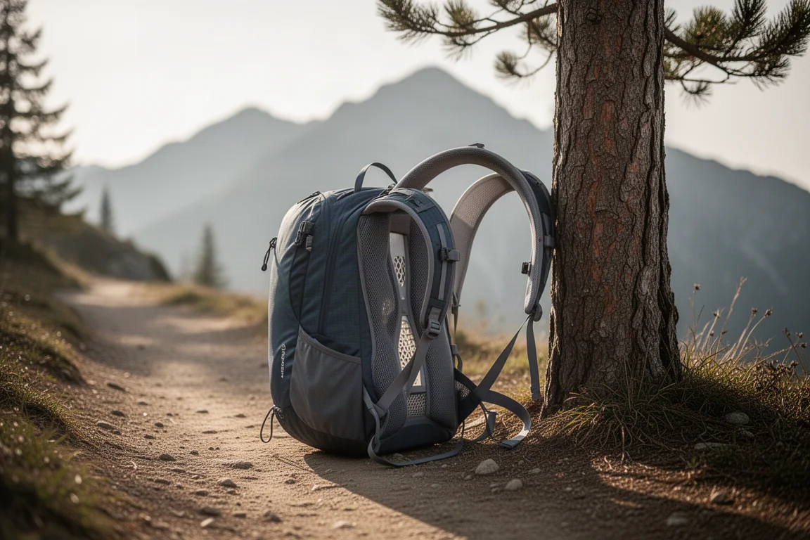 Sac à dos avec cadre incurvé s'écartant du dos sur un sentier alpin ensoleillé