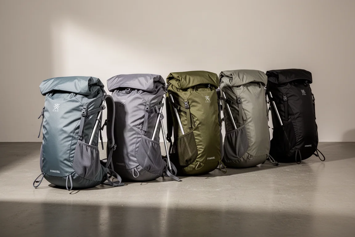 Row of six lightweight hiking backpacks in grey, olive and black on a concrete floor