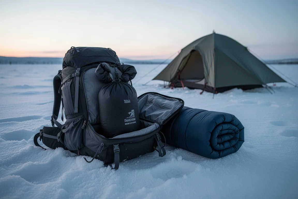 Sac à dos de randonnée ouvert sur de la neige tassée avec une doublure à enroulement compressée à l'intérieur