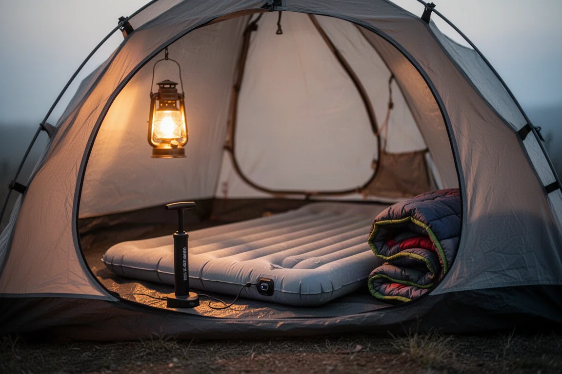 Matelas de couchage en cours de gonflage dans une tente au crépuscule avec une petite pompe sans batterie fixée