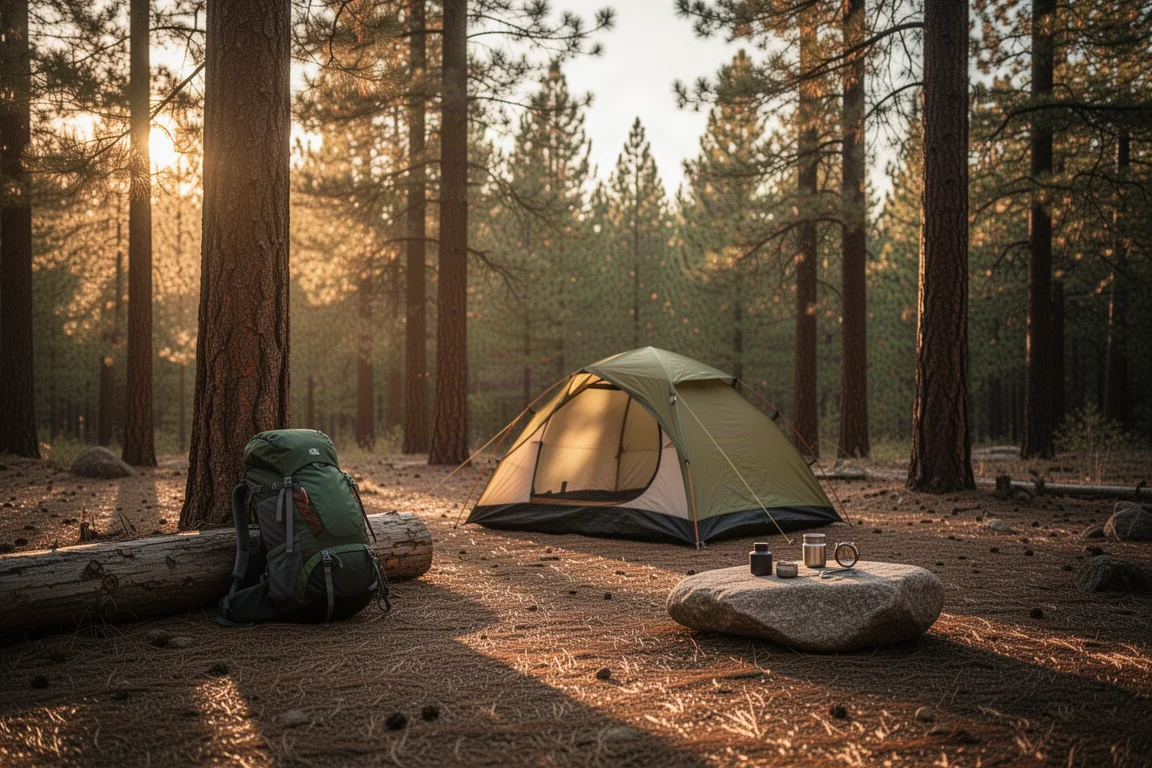 Campement forestier à l'heure dorée avec une tente, un sac à dos et du petit matériel sur un rocher
