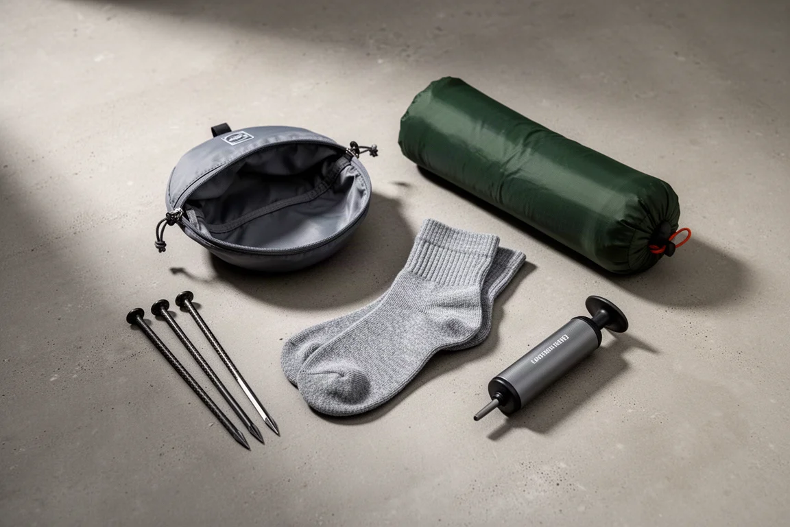 Ultralight camping essentials including a ditty bag, socks, pack liner, tent stakes and pump on concrete