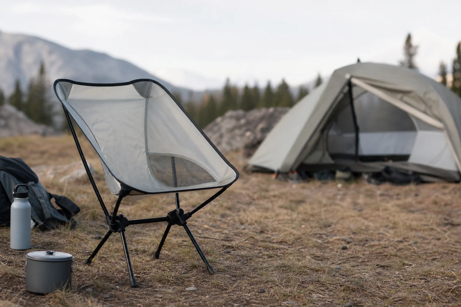 Ultralight camping chair set up on campsite with tent and gear