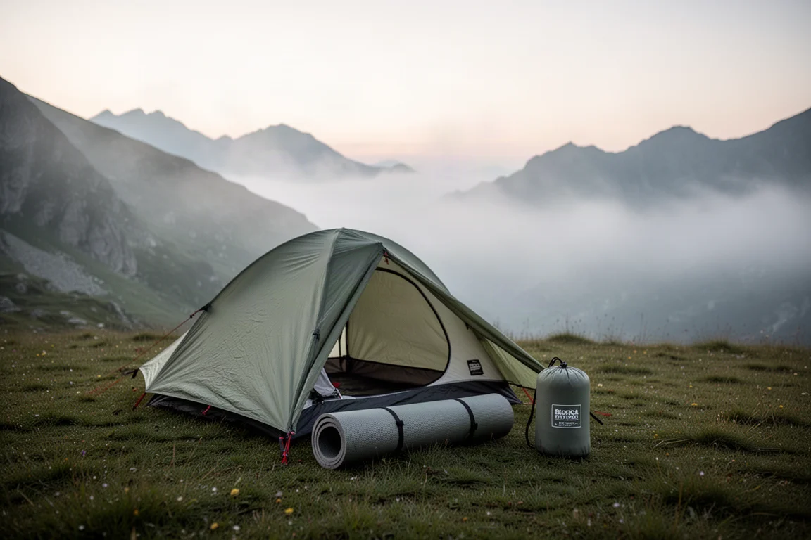 Intérieur d'une tente de randonnée légère au crépuscule avec une petite pochette ouverte à plat sur le sol