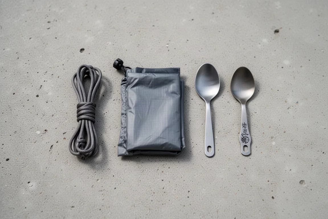 Sac à dos partiellement rempli sur un plancher en bois avec un sac de rangement roulé, une pompe et un kit de réparation disposés