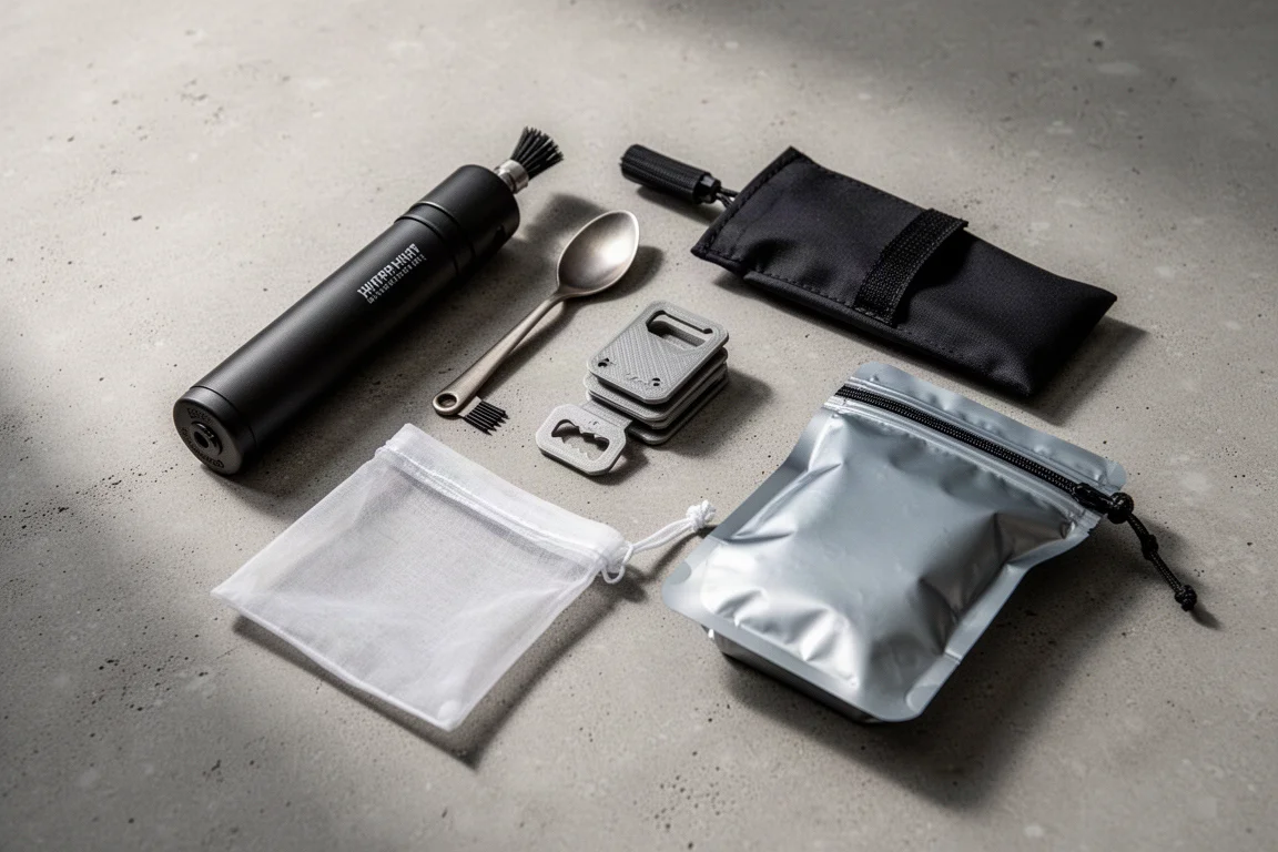 Flat-lay of ultralight camping accessories including a pouch, socks, liner, stakes, pump, and repair kit
