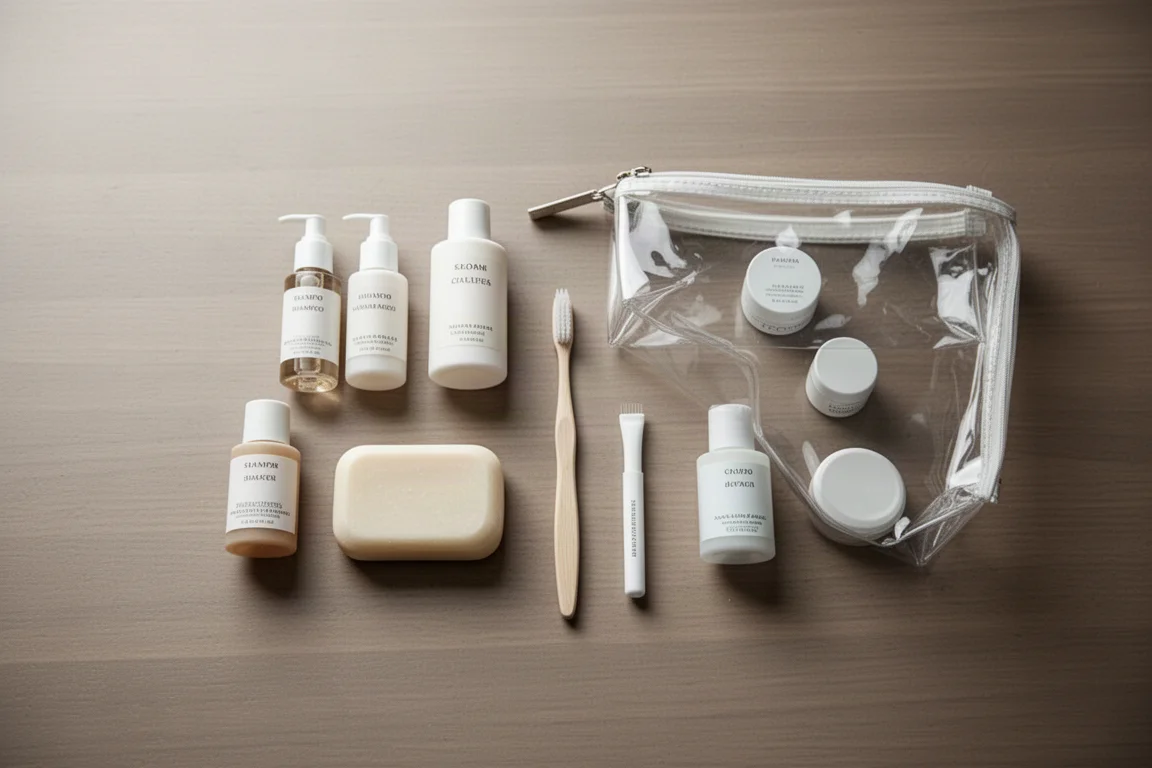 Beauty case trasparenti con articoli da toeletta minimalisti su un piano del bagno