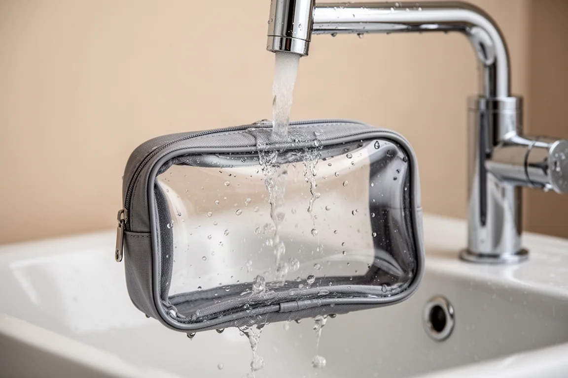 Goccioline d'acqua sulla finestra trasparente spessa di un beauty case sotto un rubinetto