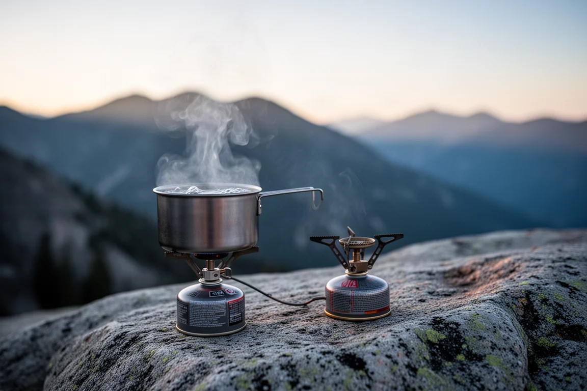 Panela de titânio com água fervendo em um fogareiro a cartucho sobre uma saliência de granito ao amanhecer