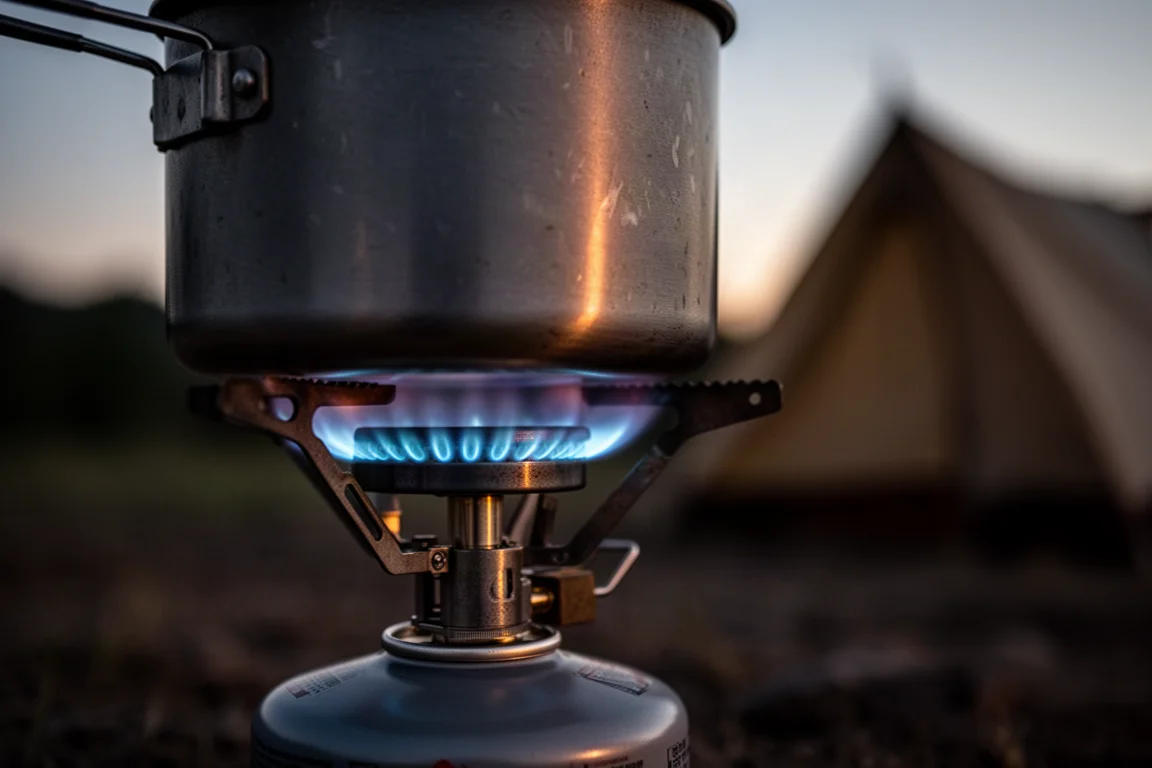 Visão macro do anel do queimador de um fogareiro a cartucho com chama azul sob uma panela de metal ao entardecer