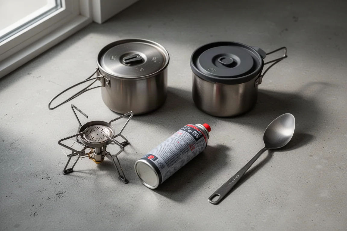 Ultralight cook kit with titanium pot, plastic lid, folding stove and gas canister on concrete