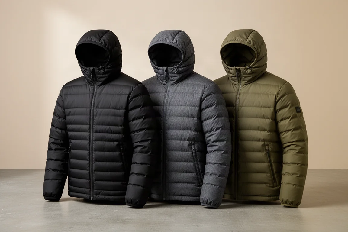 Three hooded down jackets in black, charcoal, and olive arranged on a concrete surface