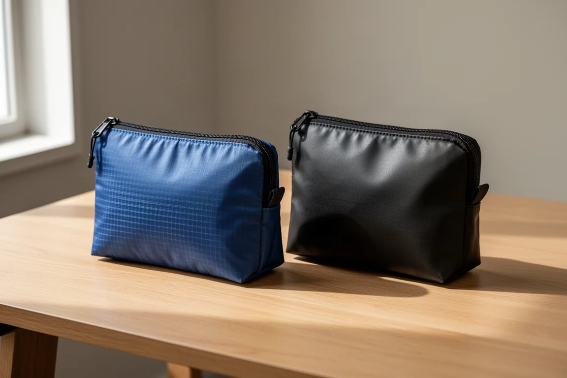 Zwei ultraleichte Stofftaschen nebeneinander auf einem hellen Holztisch