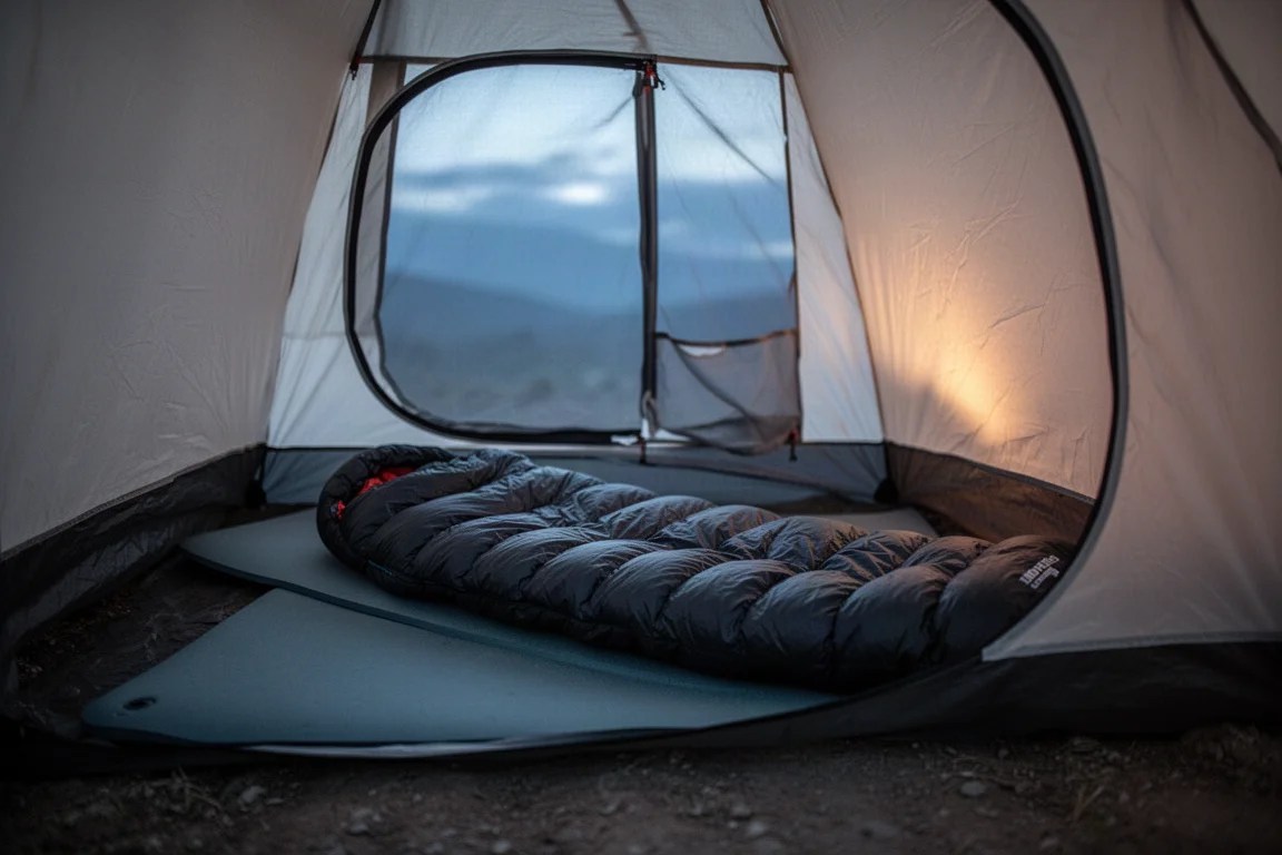 Équipement de sommeil ultraléger disposé dans une petite tente à l'aube avec une forêt brumeuse au loin
