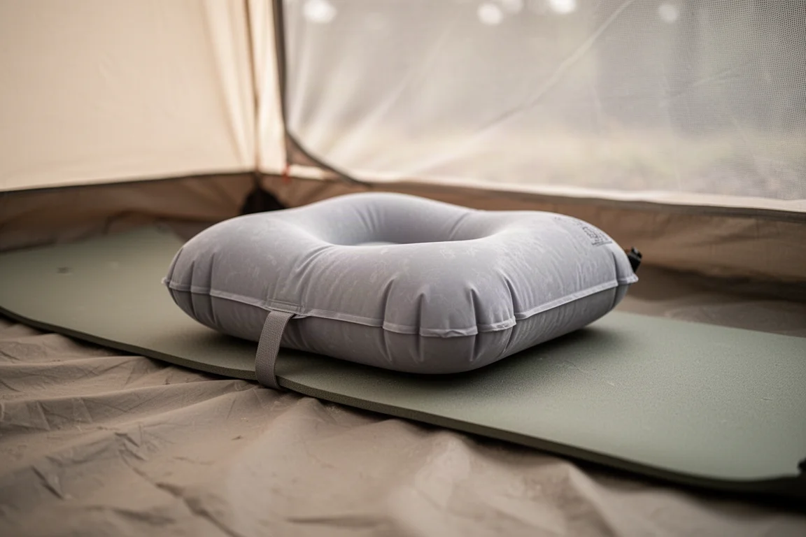 Oreiller de camping attaché à un matelas de sol dans une tente sous une lumière nocturne chaude