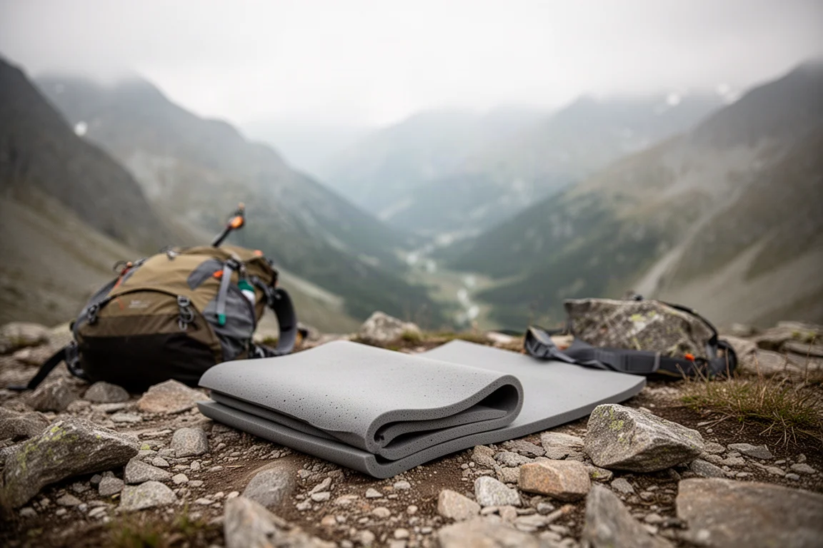 Fine natte en mousse pliée sous un matelas de sol sur un terrain alpin irrégulier au coucher du soleil