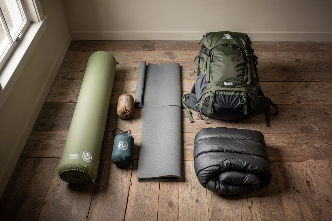 Vue à plat de dessus d'un matelas roulé, d'une couette pliée, d'un oreiller et d'une natte en mousse sur du bois