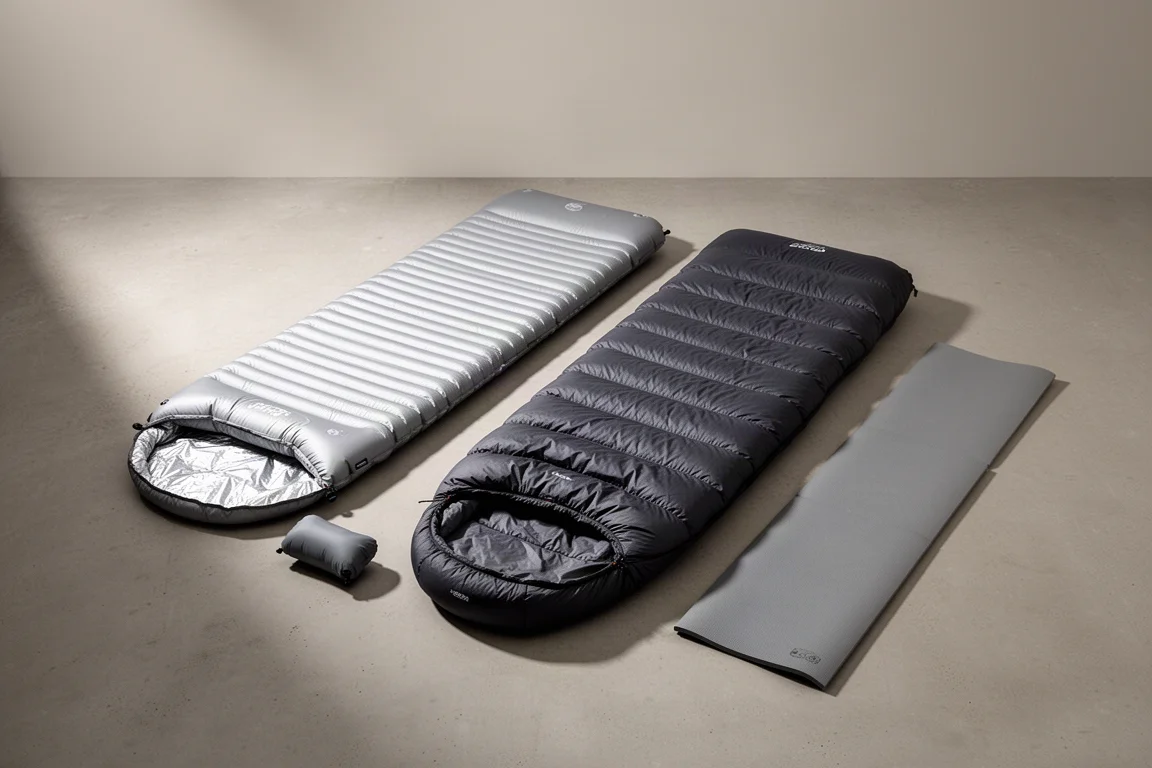 Ultralight sleeping pad, down quilt, pillow and foam mat arranged on a concrete surface