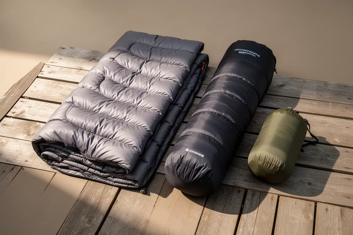 Folded down quilts and a rolled ultralight sleeping bag arranged on a wooden deck
