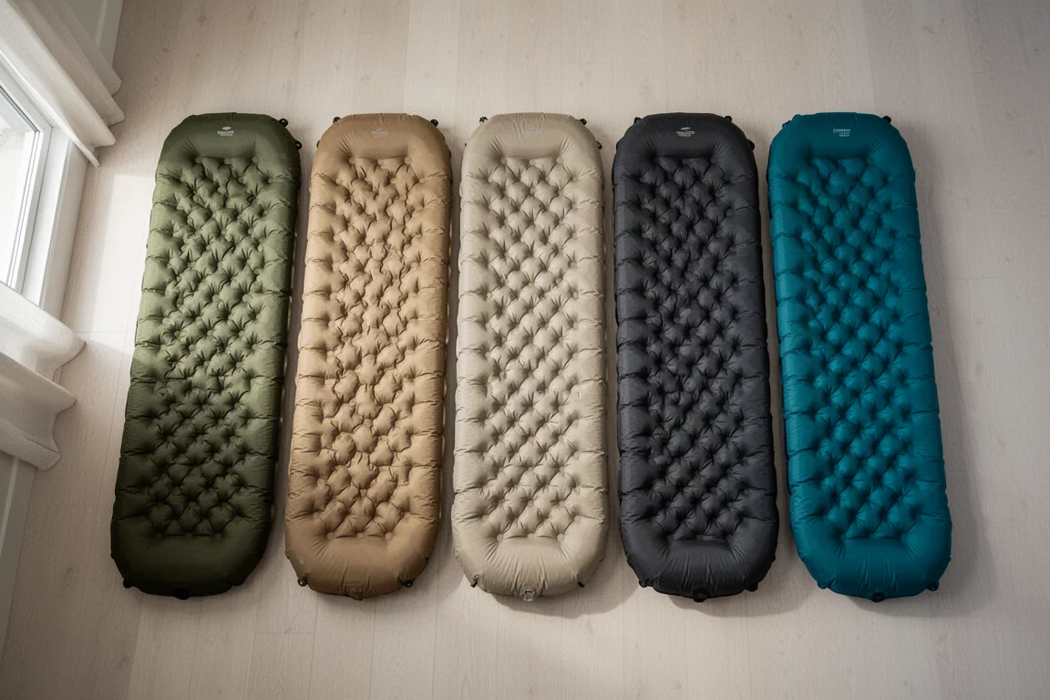 Diversi materassini ultralight disposti fianco a fianco per un confronto di spessore su un pavimento di cemento