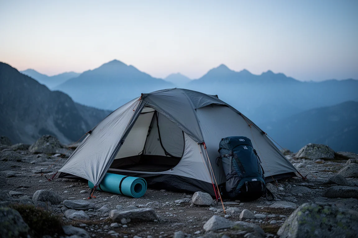 Interno di una tenda coperto di brina all'alba con un materassino gonfiato e un sacco a pelo in piuma