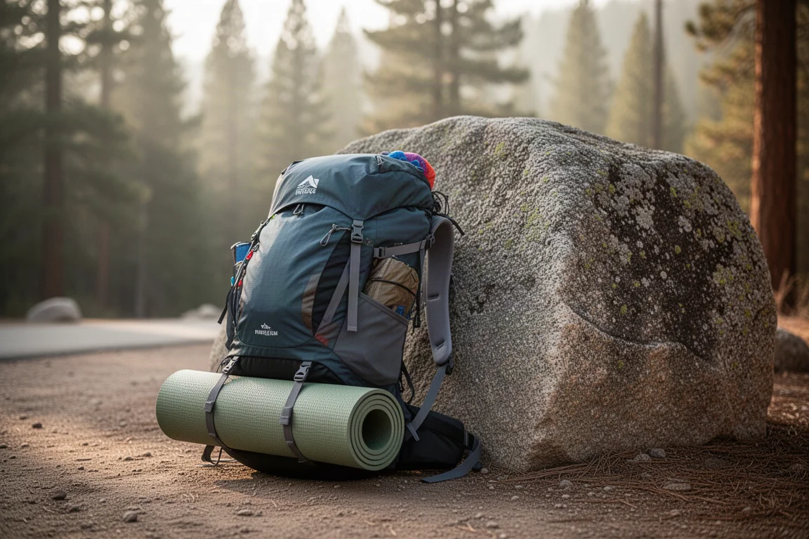 Disposizione piatta di essenziali da campeggio ultralight tra cui un materassino arrotolato e un kit di riparazione su legno consumato