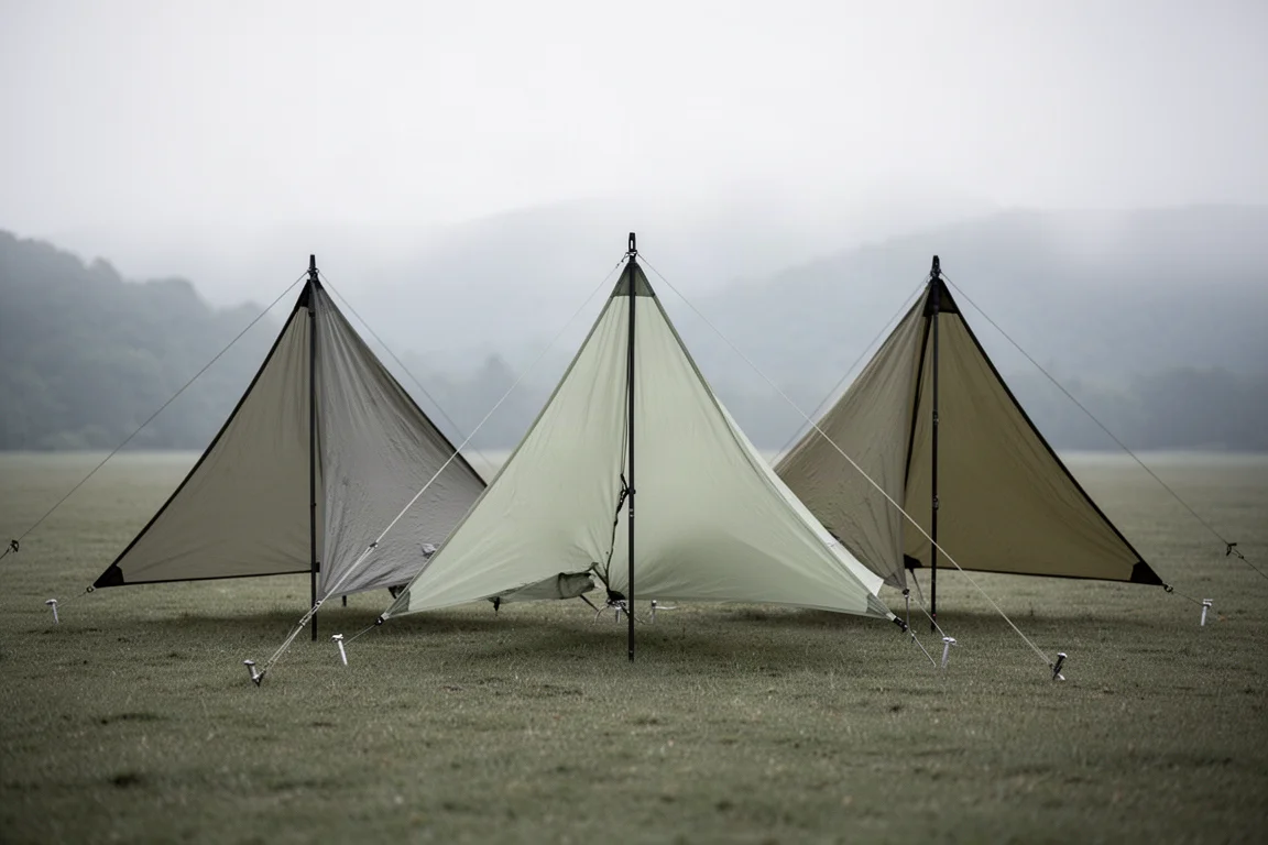 Three ultralight trekking pole tents pitched side by side on granite at dawn