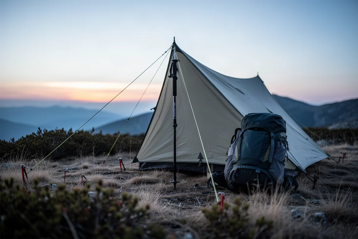 Tente à bâtons de randonnée en cours de montage au crépuscule sur un campement alpin