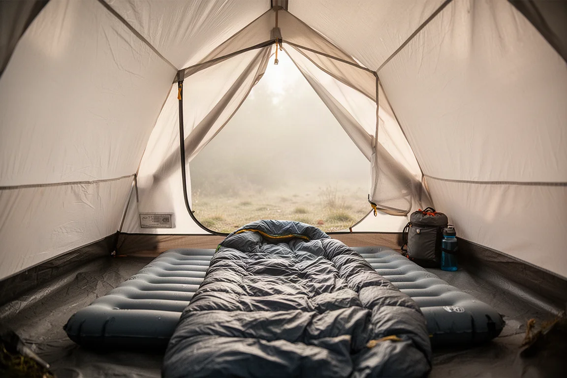 Intérieur d'une large tente solo ultralégère avec matelas de couchage et couette déployés