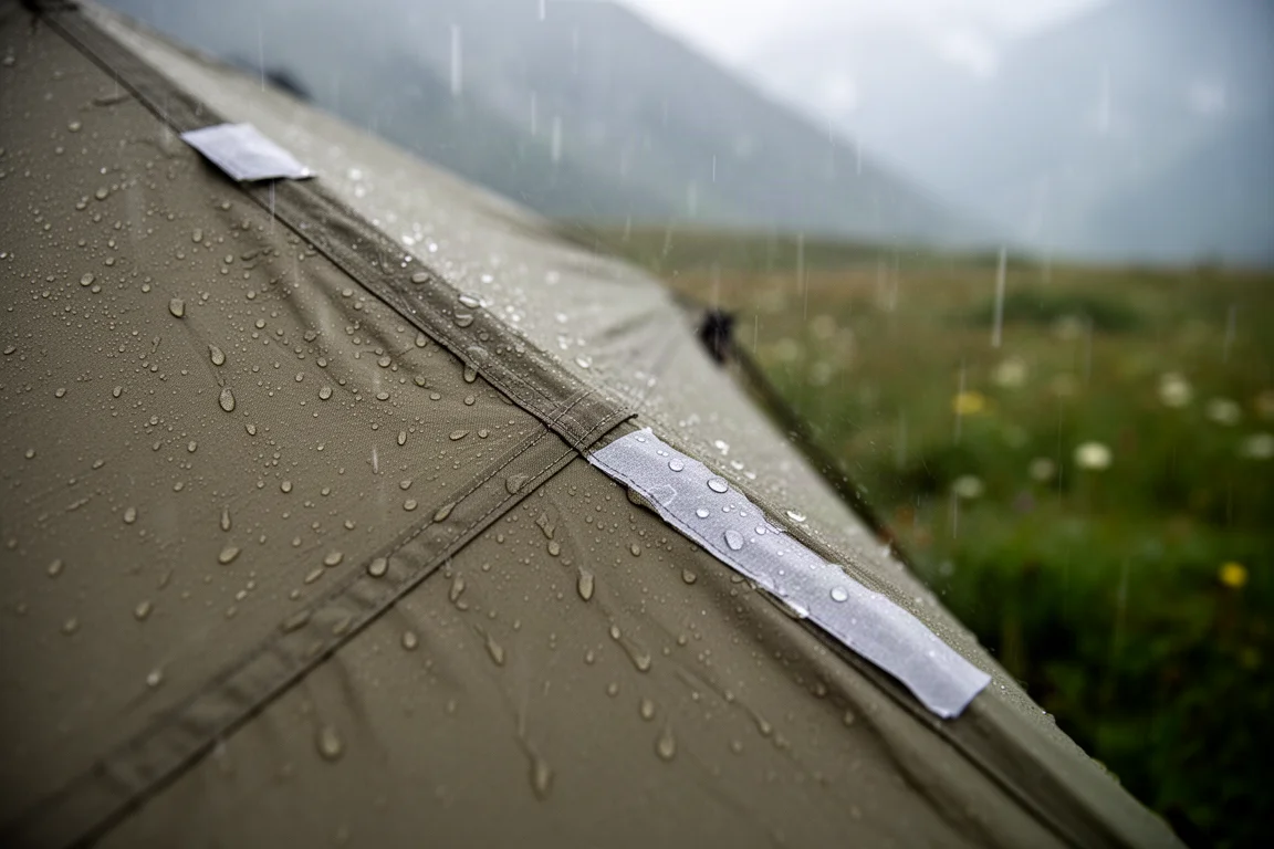 Pluie perlant et ruisselant sur un tissu de tente tendu près d'une couture thermocollée