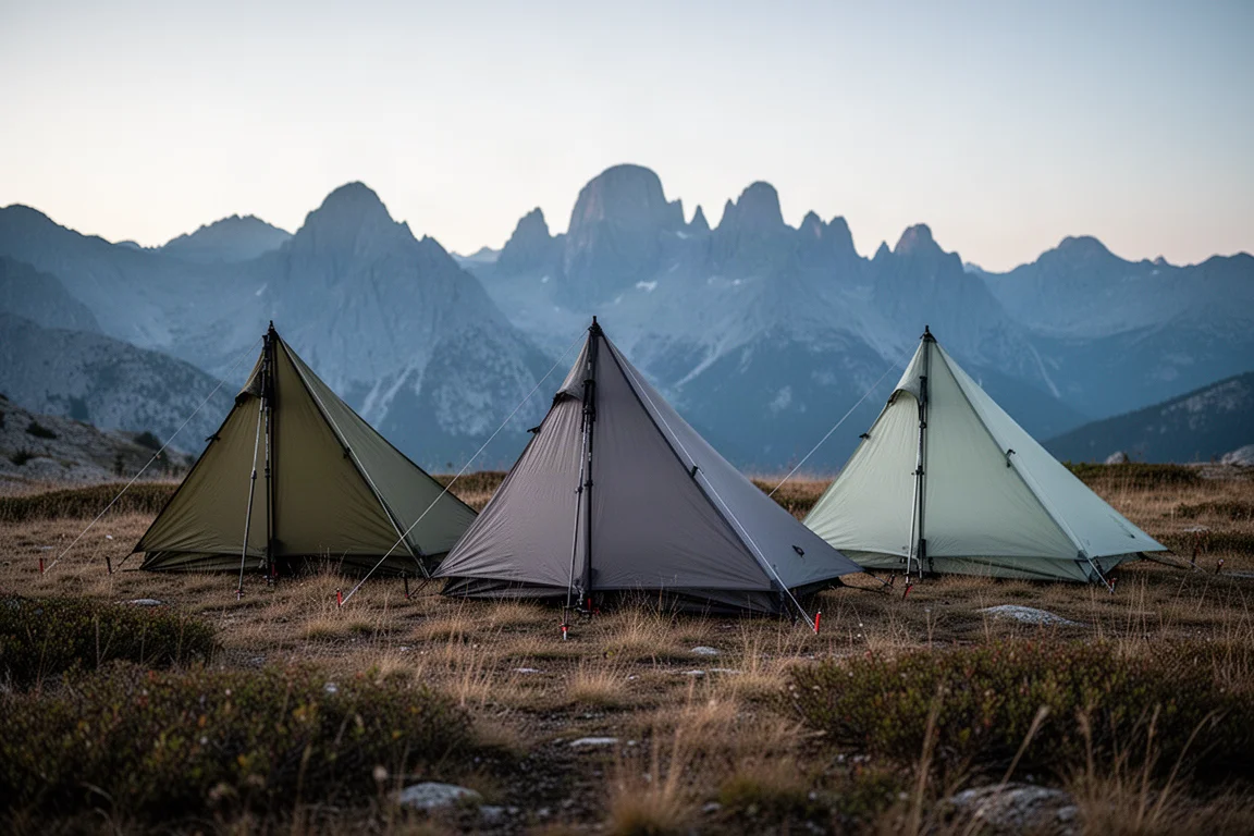 Tre tende ultraleggere monoposto con bastoncini da trekking montate in fila su un prato alpino al crepuscolo